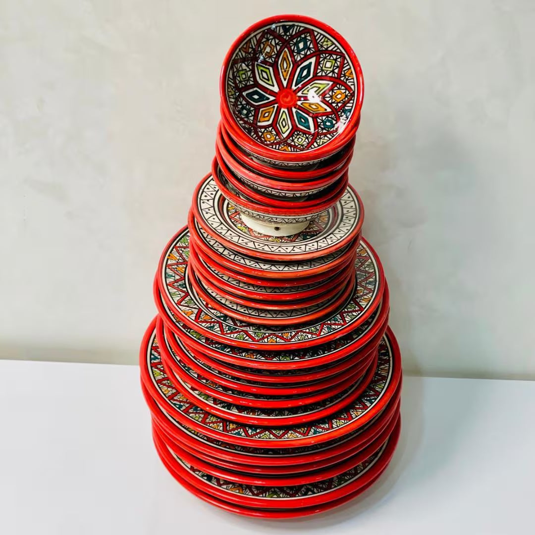 Authentic Moroccan Hand Painted Ceramic Dinnerware Set, Red Handmade Serving Set, Tableware Collection, Dinnerware Set