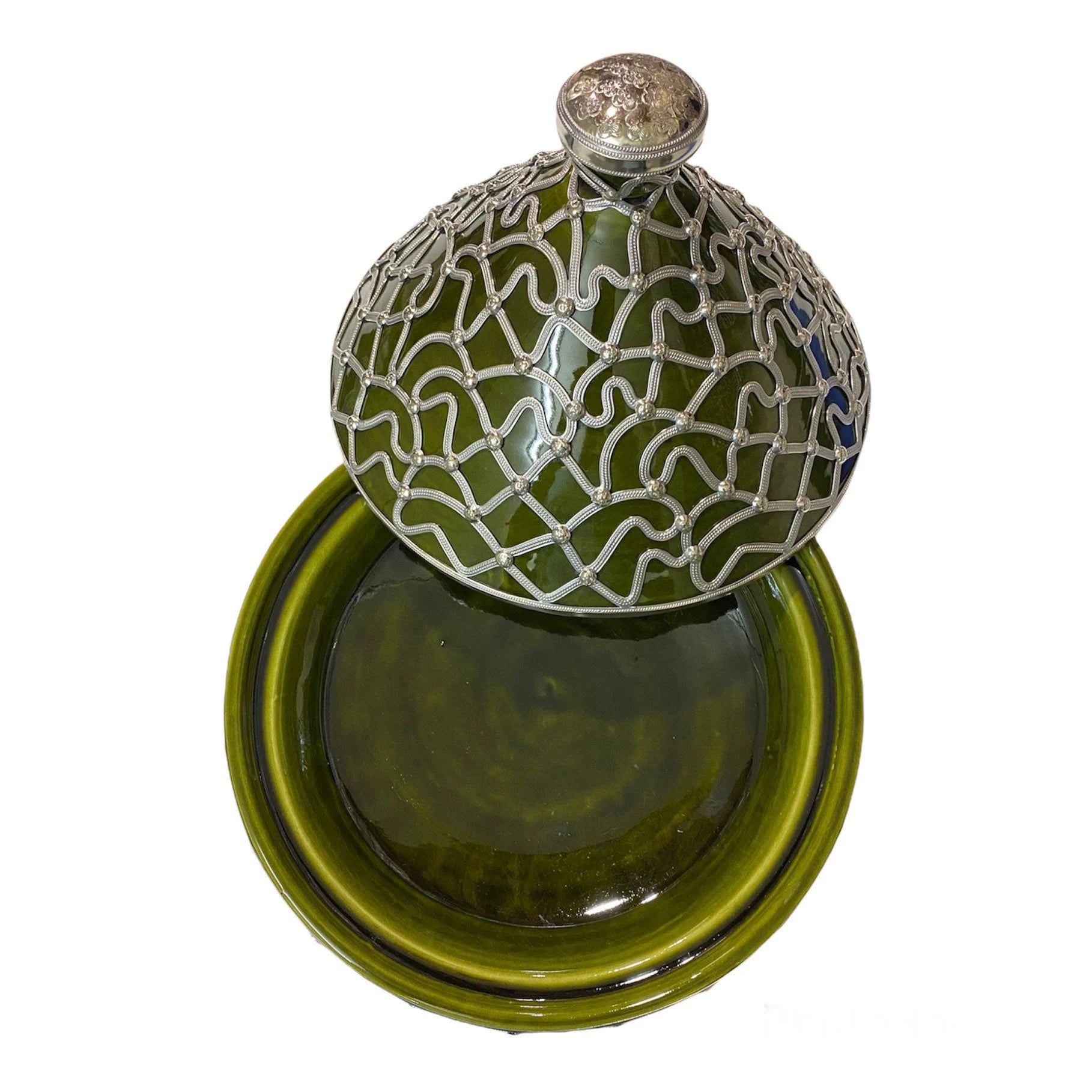 A Handmade and Hand-Painted Moroccan Tagine Dish, Encrusted with Maillechort.