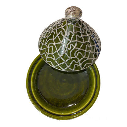 A Handmade and Hand-Painted Moroccan Tagine Dish, Encrusted with Maillechort.