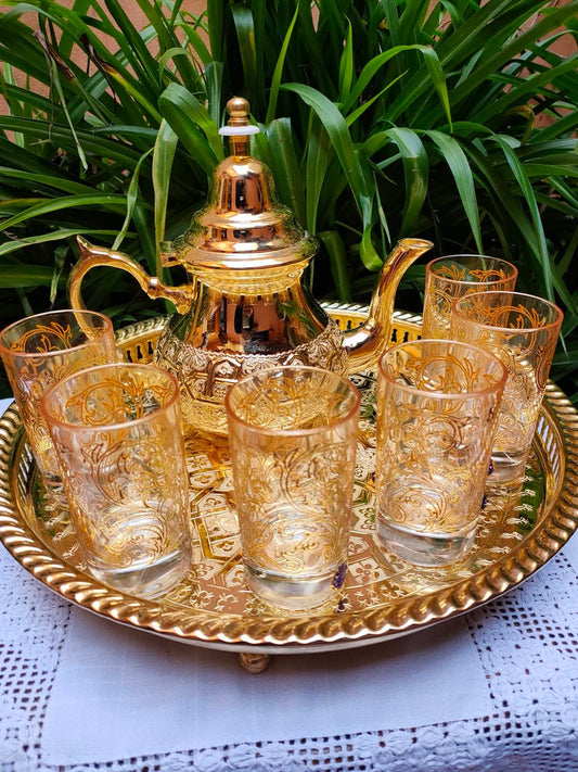 Handmade Moroccan Golden Tea Set Handmade Teapot,Tea Tray,Set of 6 Tea Cups NEW