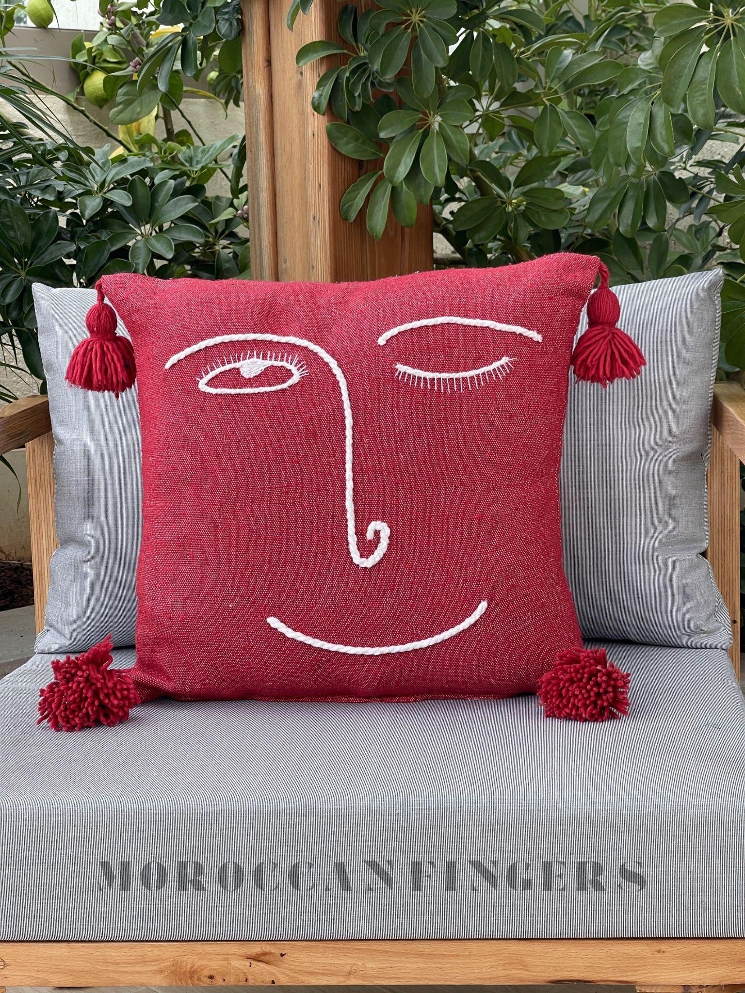 Abstract Face Pillow Covers 18X18 – Set of 2 Boho Cushion Covers, Handwoven Recycled Cotton, Handmade in Morocco