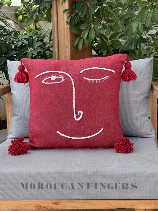 Abstract Face Pillow Covers 18X18 – Set of 2 Boho Cushion Covers, Handwoven Recycled Cotton, Handmade in Morocco