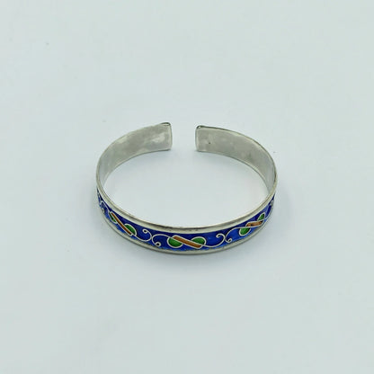 Berber Bracelet Enamelled Blue Yellow Green in Silver 925, Amazigh Bracelet of Silver Filigree Artisanal, Barcelet Handmade in Tiznit