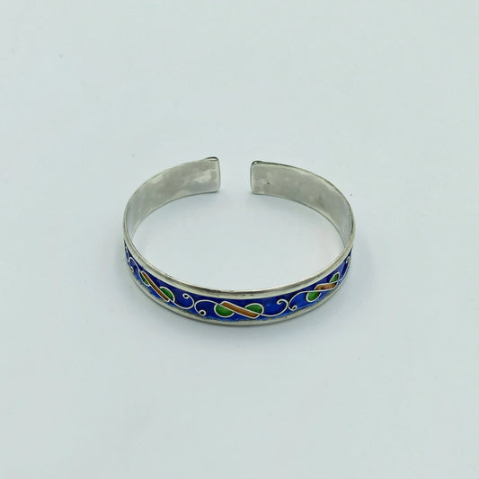 Berber Bracelet Enamelled Blue Yellow Green in Silver 925, Amazigh Bracelet of Silver Filigree Artisanal, Barcelet Handmade in Tiznit
