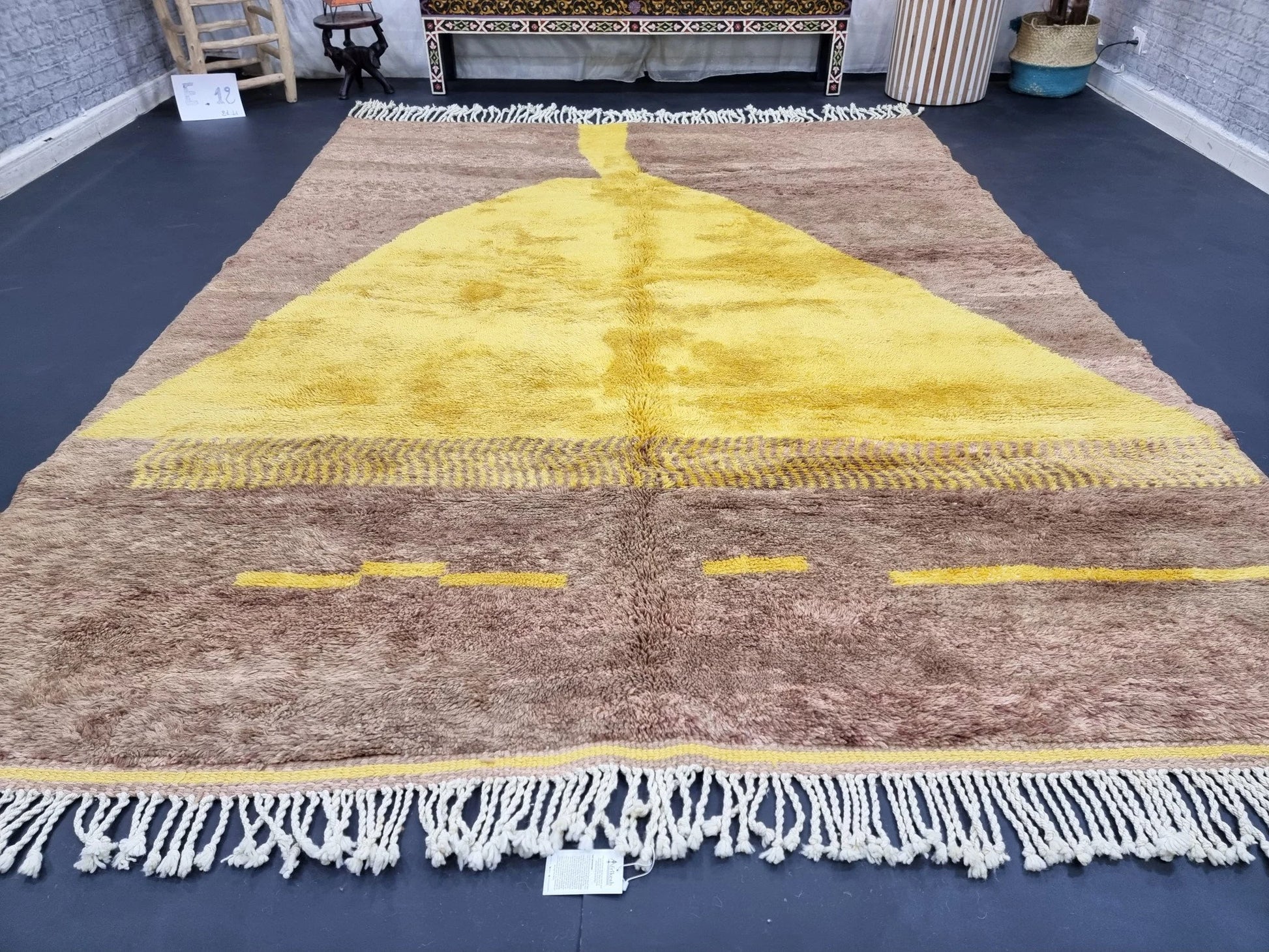 BENI MRIRT RUG 7X9, Handmade Moroccan Rug, Tribal Berber Carpet, Shag Wool Rug, Abstract Mrirt Rug, Brown & Yellow Rug, Beni Area Rugs.