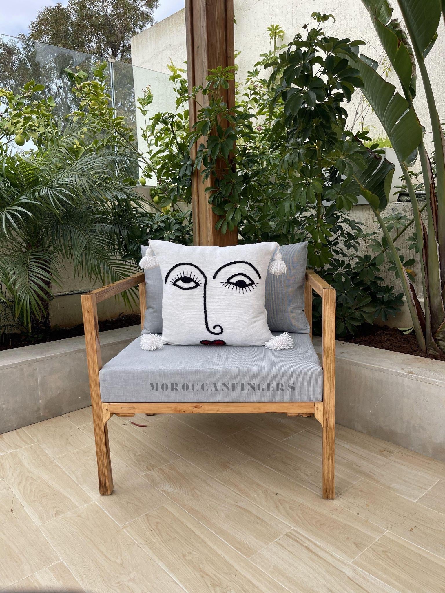 Set of 2 Line Art Pillow Covers – 18X18 Abstract Face Cushions, Handwoven Boho Decor, Recycled Cotton, Moroccan Handmade