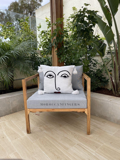 Set of 2 Line Art Pillow Covers – 18X18 Abstract Face Cushions, Handwoven Boho Decor, Recycled Cotton, Moroccan Handmade