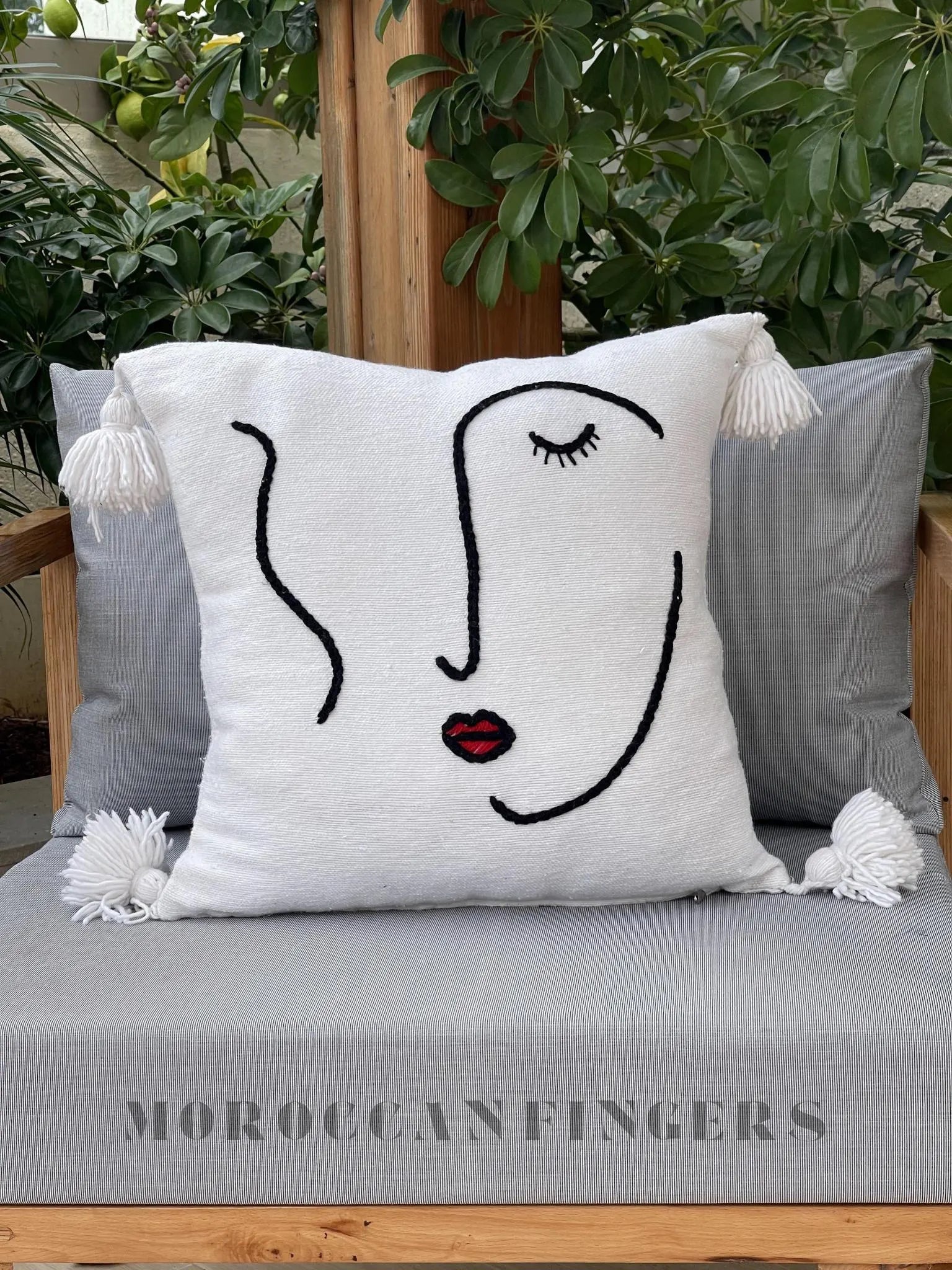 Abstract Face Pillow Covers 18X18 – Set of 2 Boho Cushion Covers, Handwoven Recycled Cotton, Handmade in Morocco