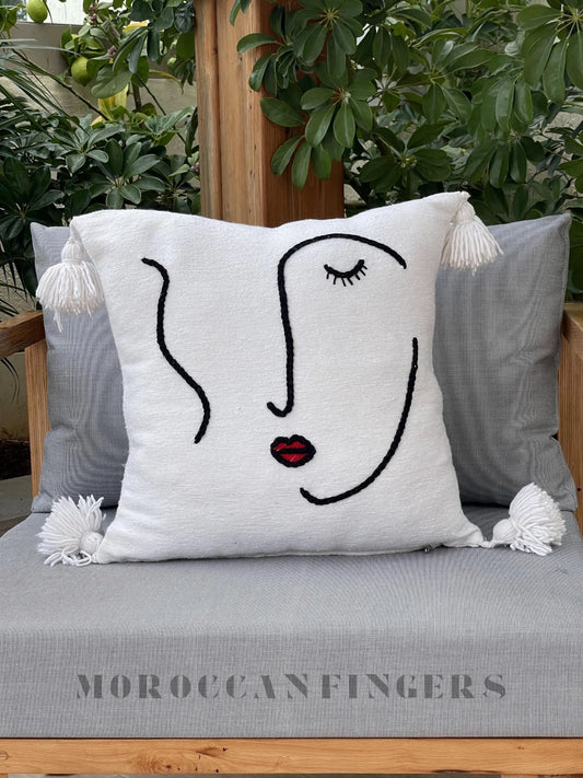 Abstract Face Pillow Covers 18X18 – Set of 2 Boho Cushion Covers, Handwoven Recycled Cotton, Handmade in Morocco