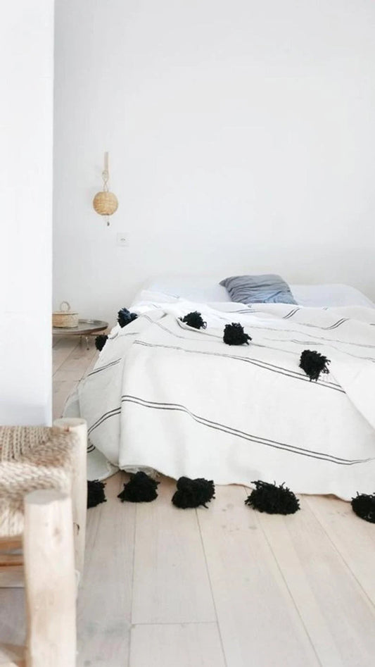 King Bed Cover,Moroccan Blankets, Pom Pom Blanket, Woven Blanket, Throws Blanket, Tassels Blanket,Cotton Blanket, Bed Spread, Woven Blanket,