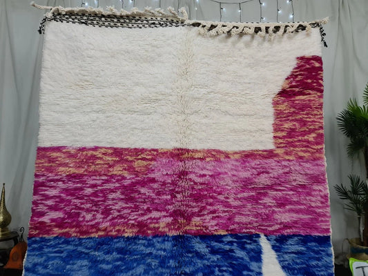 BENI OURAIN RUG, Fluffy Moroccan Rug, Handmade Custom Rug, Blue & Pink Area Rug, Beautiful Shag Beni Rug, Knotted Berber Carpet, Wool Rugs.