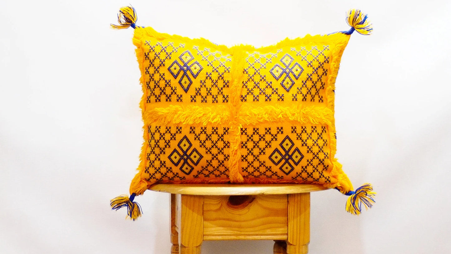 Yellow Wedding Blanket Pillow | Handira Blanket Cushion Cover Wool Pillow Cover with Sequins