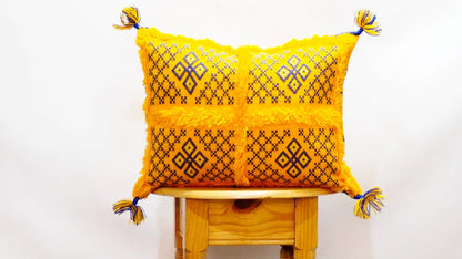 Yellow Wedding Blanket Pillow | Handira Blanket Cushion Cover Wool Pillow Cover with Sequins