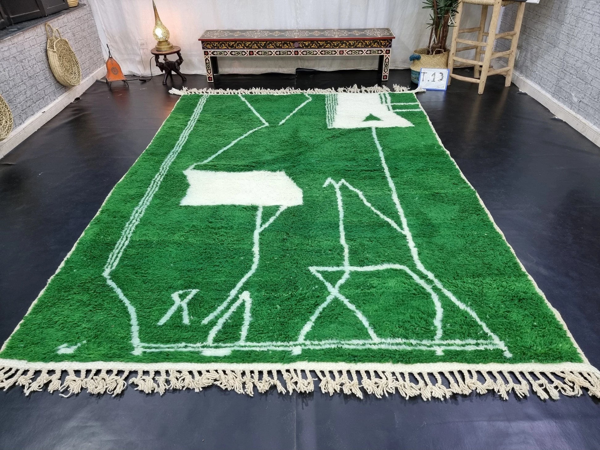 Exquisite MOROCCAN PINE RUG: Handmade Beni Ourain Wool Rug in Clover Green, Abstract Neutral Design, Elegant Berber Unique Greenish Carpet
