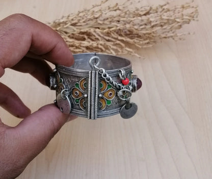 Vintage Berber Silver and Enamel Wedding Cuff Bracelet with Glass Gems and Coins