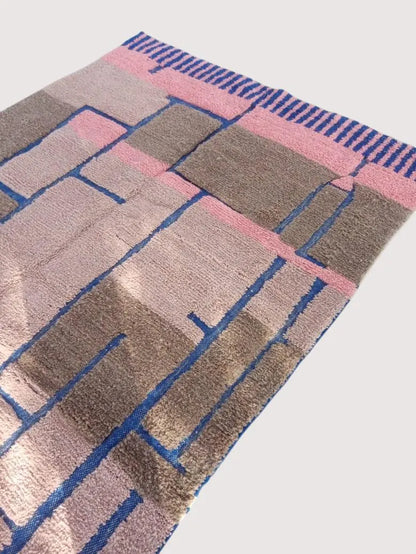 Colorful Moroccan Beni Ourain Rug | Handwoven Wool Carpet | Berber Geometric Design | Pink, Blue & Brown