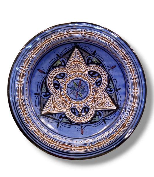 Moroccan Hand-Carved Pottery Plate: Artisanal 35Cm Serving Dish, Bohemian Decor, Intricate Design, Authentic Tableware, Exquisite Ceramics