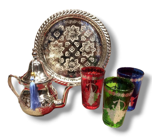 Elegant Moroccan Tea Set with Teapot, 3 Cups, and Tray Tea Ensemble Teapot and Cup Set Moroccan Tea Service Exquisite Tea Tray