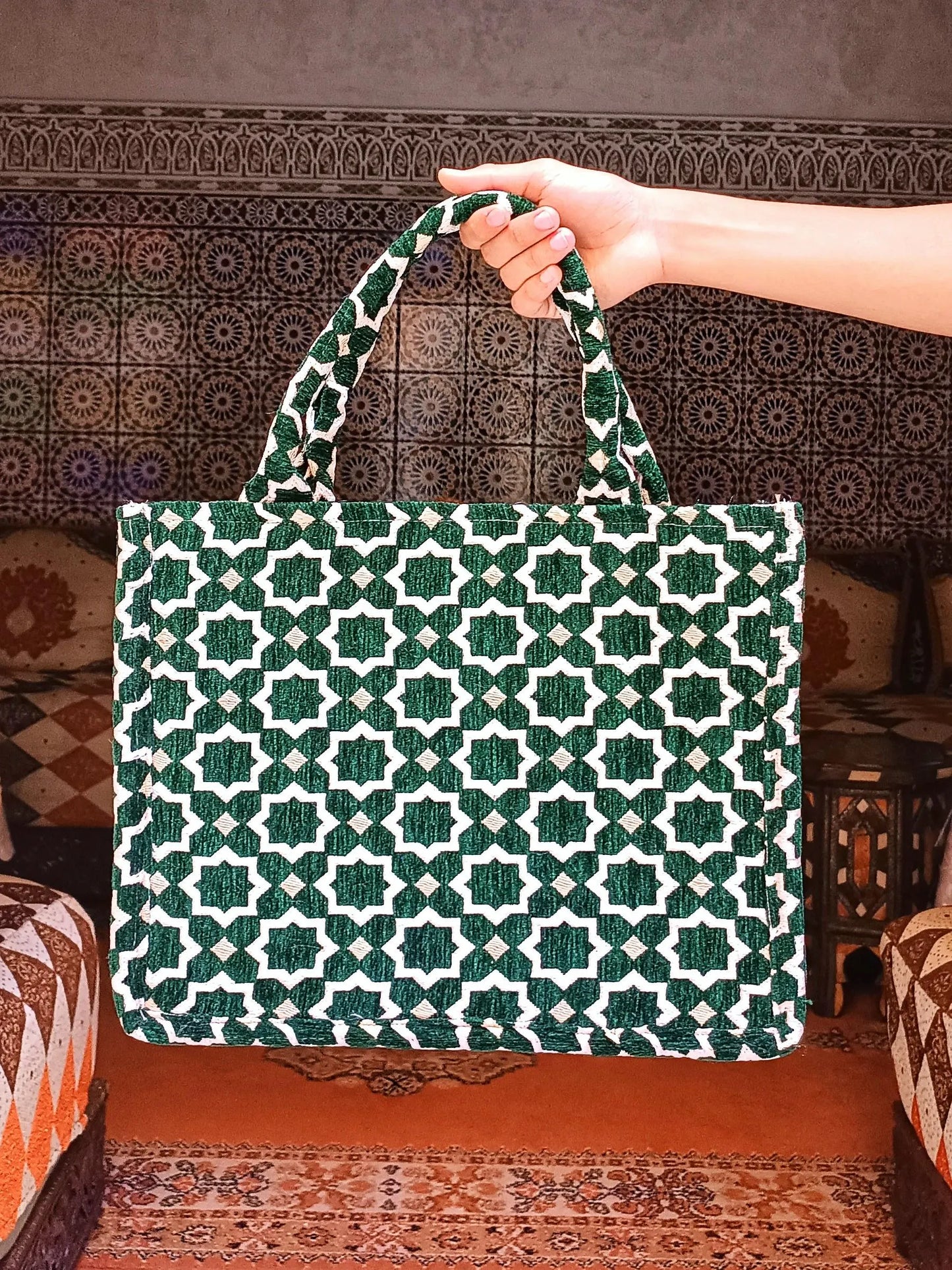 Handmade Moroccan Tote Bag with Zellij Tile Design, Large Durable Tote for Everyday Use, Unique Cultural Gift, Eco-Friendly Beach Bag