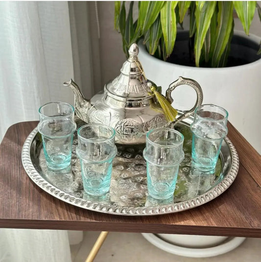 Moroccan Tea Set – Engraved Nickel Teapot with Traditional Glasses Tray | Handmade Mint Tea Set | Moroccan Home Decor & Gift