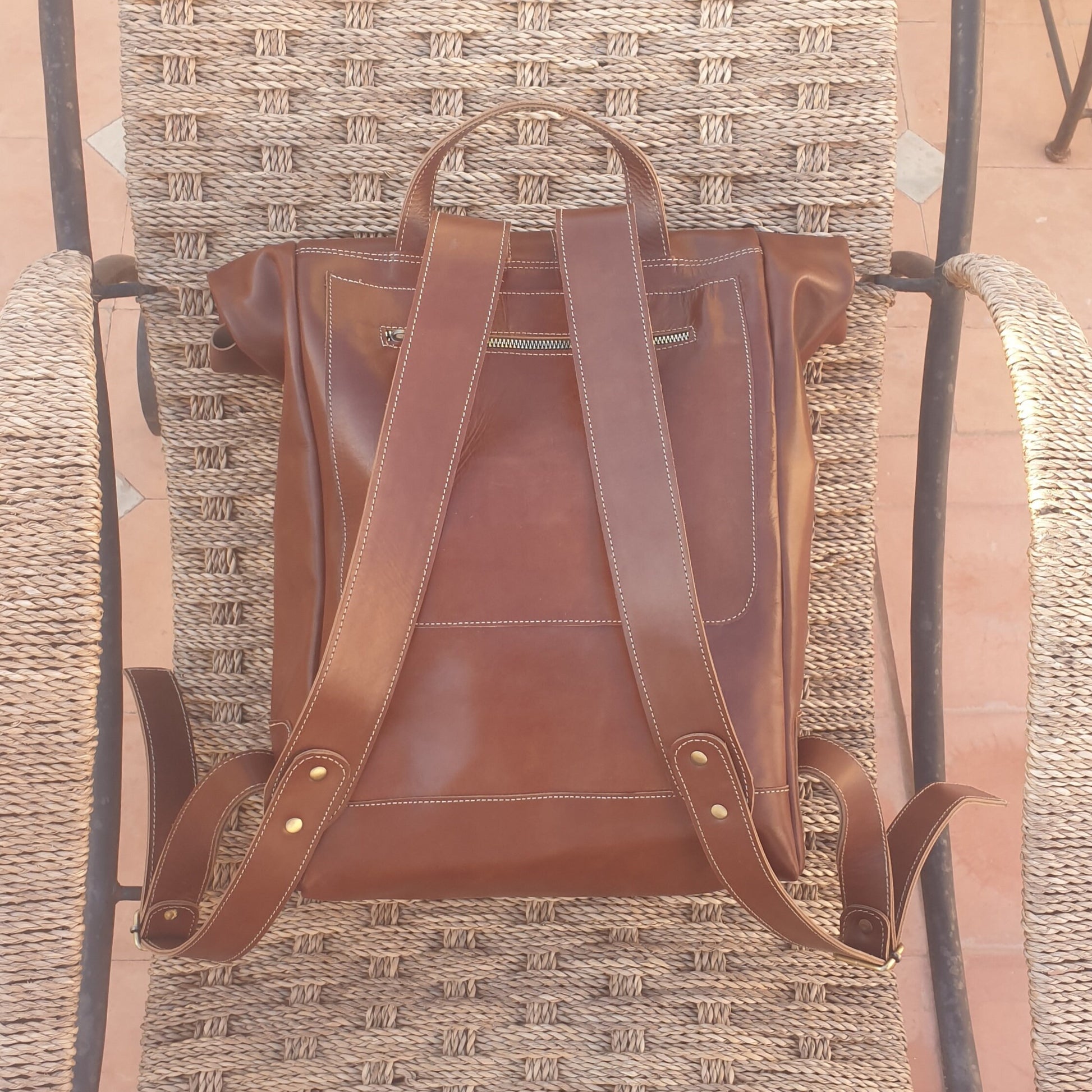 Leather Backpack Roll Top Rucksack Travel Bag Laptop Bag Purse Cowhide