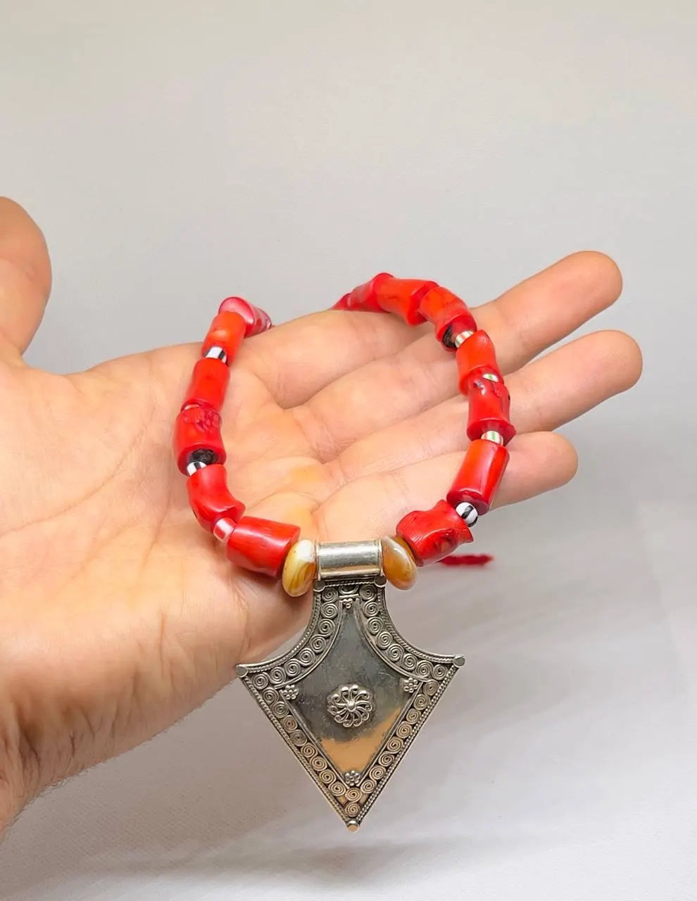 Antique Silver Berber Coral Necklace, Red Coral Beads with Vintage Tribal Pendant, Handmade African Ethnic Necklace, Gift for Her or Him