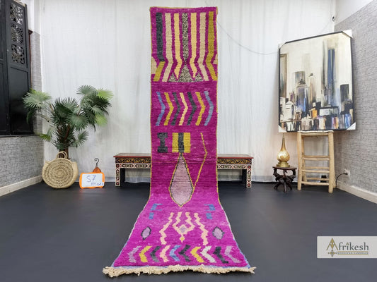 FUCHSIA BOUJAAD RUNNER, Moroccan Rug 2X11, Abstract Runner, Berber Rug, Fuchsia and Yellow Runner, Handwoven Sheep Wool Rug, Hallway Rug.