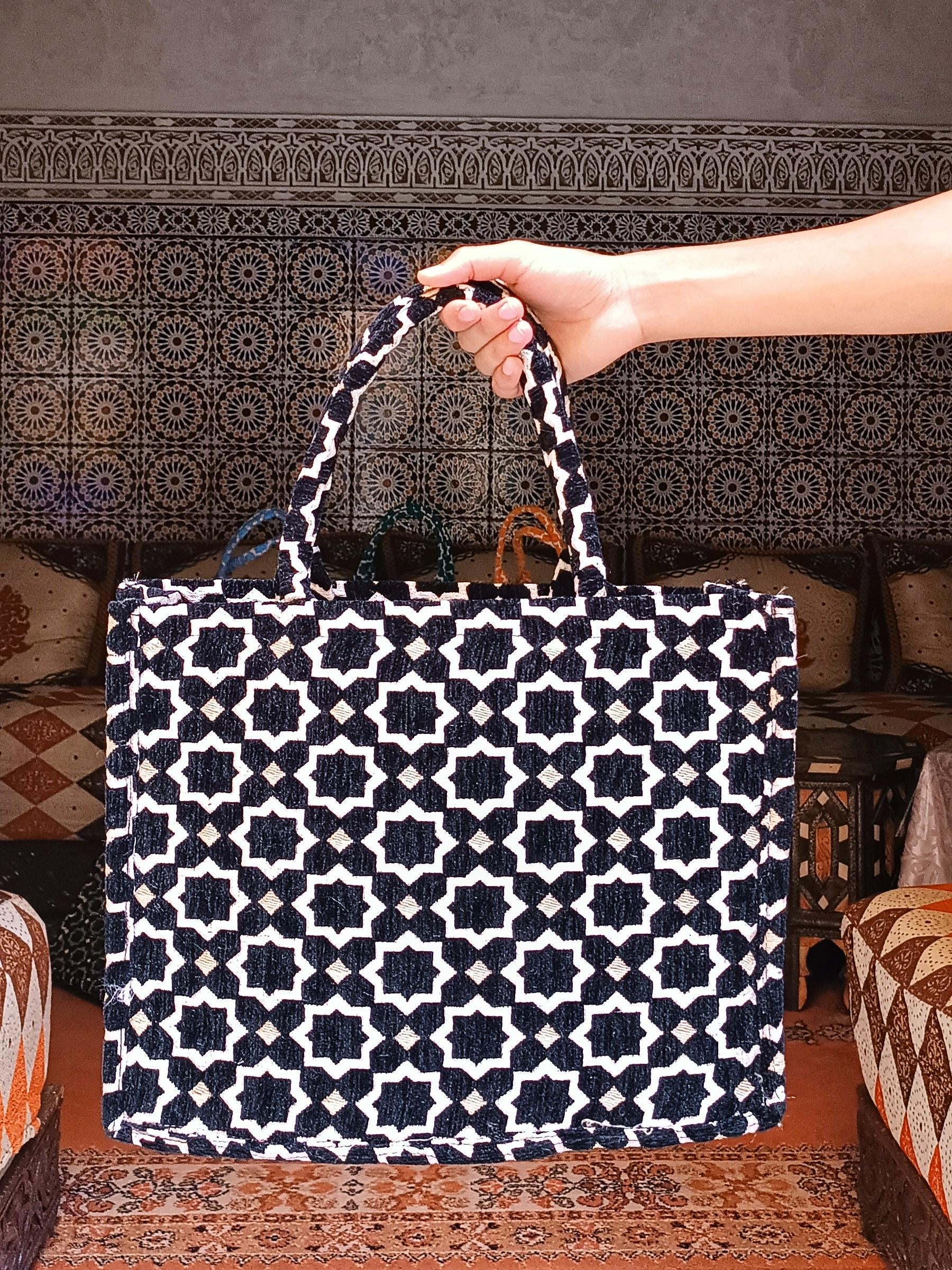 Handmade Moroccan Tote Bag with Zellij Tile Design, Large Durable Tote for Everyday Use, Unique Cultural Gift, Eco-Friendly Beach Bag
