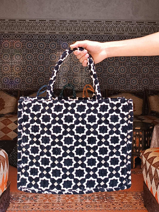 Handmade Moroccan Tote Bag with Zellij Tile Design, Large Durable Tote for Everyday Use, Unique Cultural Gift, Eco-Friendly Beach Bag