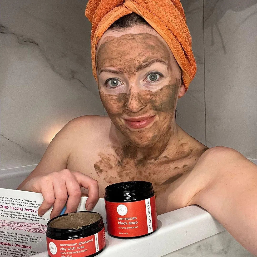 Authentic Moroccan Ghassoul Clay Mask with Rose - Natural Rhassoul Mud for Face, Hair & Body - Detoxifying, Purifying, Nourishing Skincare