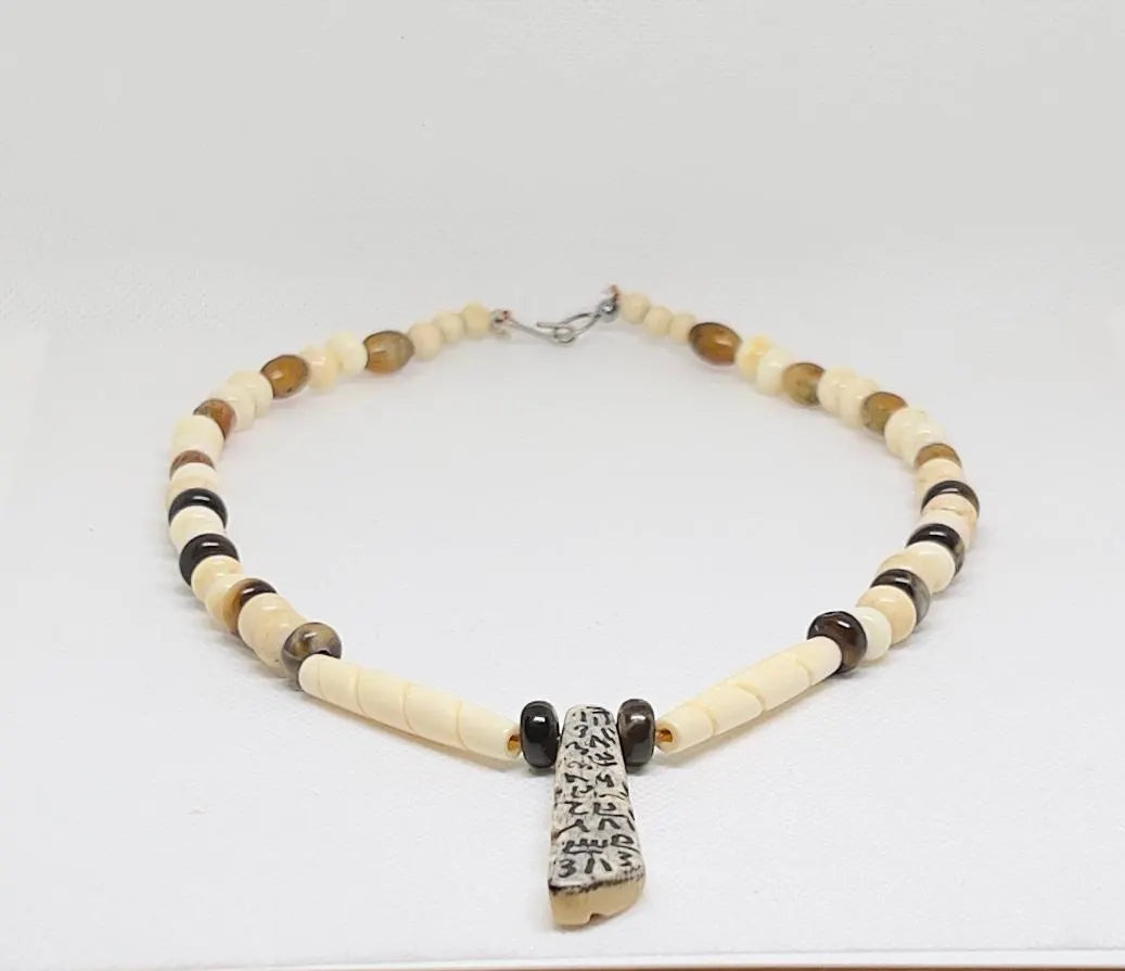 Antique African Bone Necklace with Wolf Fang Pendant, Real Bone Jewelry, Bone Choker with Tribal Pendant, Gift for Her or Him