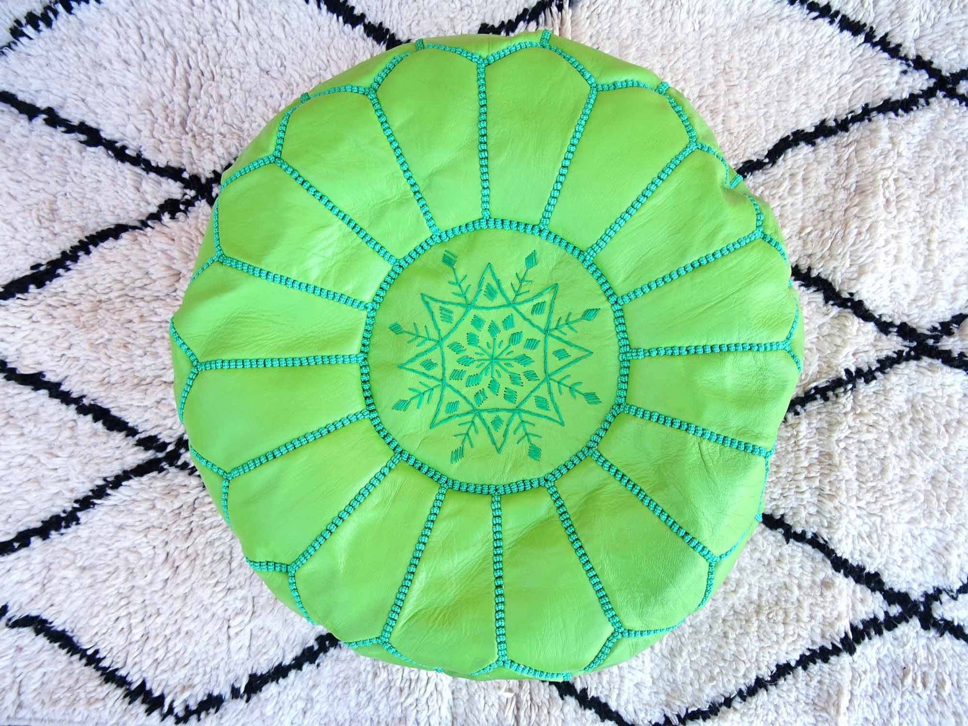 Light Kelly Green Leather Pouf with Top Embroidery, Moroccan Ottoman Poof Green Color, Luxury Kelly Green Ottoman Footstools.