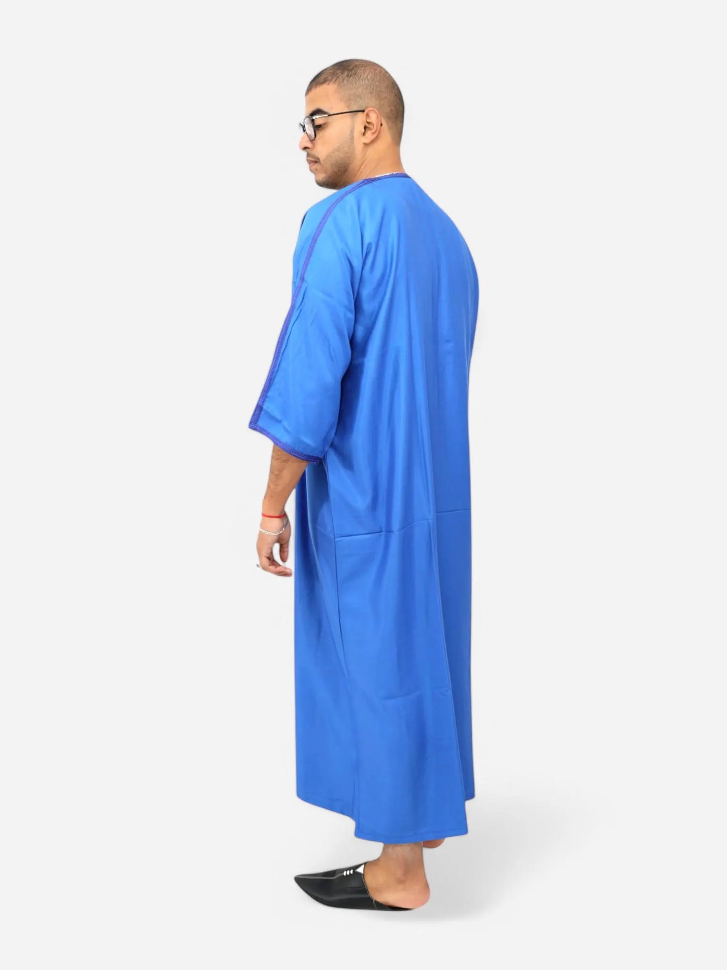 Bright Blue Moroccan Style Thobe - Traditional Short Sleeve Design for Men