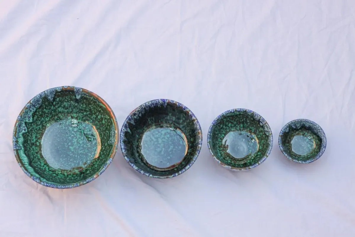 Green Ourika Ceramic Bowls Moroccan Handmade Bowls Nesting Bowl Set Drip Glaze Pottery Bowls Handpainted Ceramic Stoneware Crackle Glaze