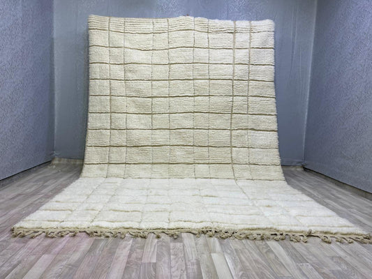 Handwoven Moroccan Rug - Creamy White with Geometric Rectangles | Berber Wool Rug | Moroccan Carpet | Beni Ourain Design | Fully Handmade