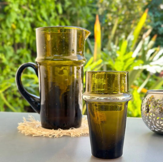 Handblown Moroccan Recycled Glass Pitcher & Cup Set – Amber Green Water Jug Tumblers – Eco-Friendly Glassware – Handmade Drinkware Gift