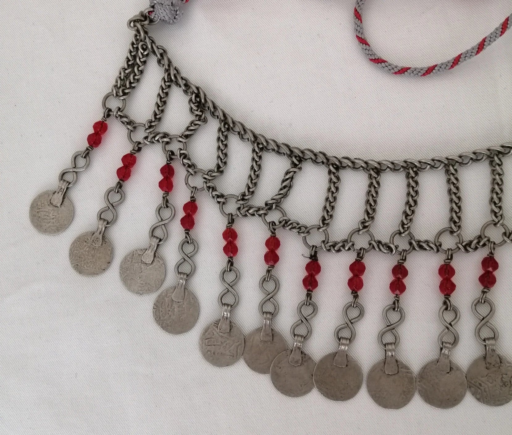 Beautiful Berber Silver Coin and Red Glass Bead Tasfift Headdress Necklace