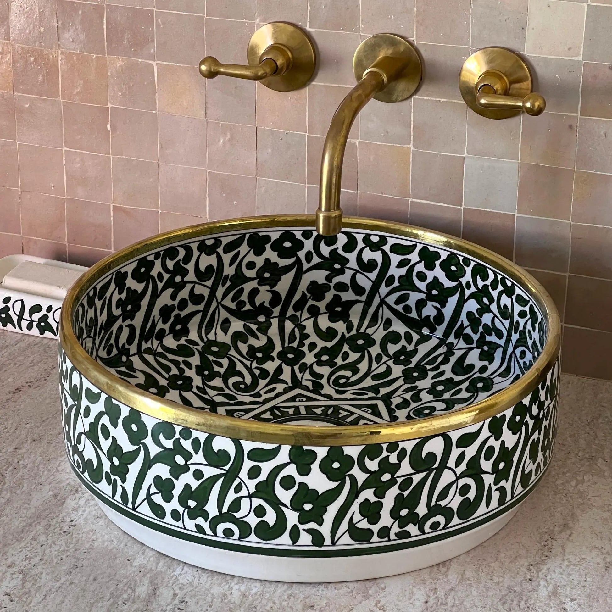 Antique Sink with Brass Rim Edge, Vessel Sink, Sink Bowl, Green Ceramic Basin, Hand Wash Basin, Free Gift INCLUDED