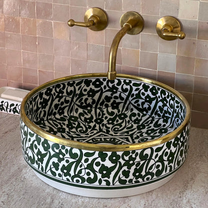 Antique Sink with Brass Rim Edge, Vessel Sink, Sink Bowl, Green Ceramic Basin, Hand Wash Basin, Free Gift INCLUDED