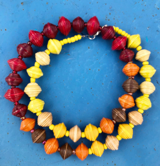 Unique Autumn Colors Paperbead Necklace | Red Yellow Orange Brown | Handmade Beaded Necklace from Morocco | Sustainable Gift for Women