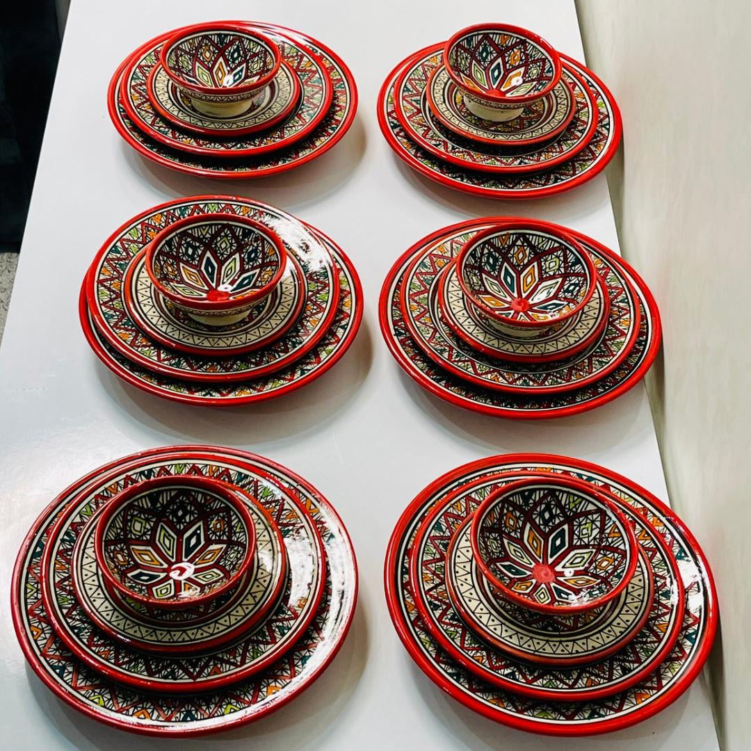 Authentic Moroccan Hand Painted Ceramic Dinnerware Set, Red Handmade Serving Set, Tableware Collection, Dinnerware Set