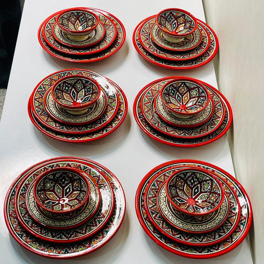 Authentic Moroccan Hand Painted Ceramic Dinnerware Set, Red Handmade Serving Set, Tableware Collection, Dinnerware Set