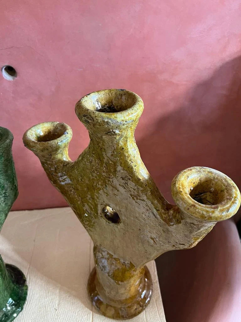 Green and Yellow Candles, Natural Candleholder