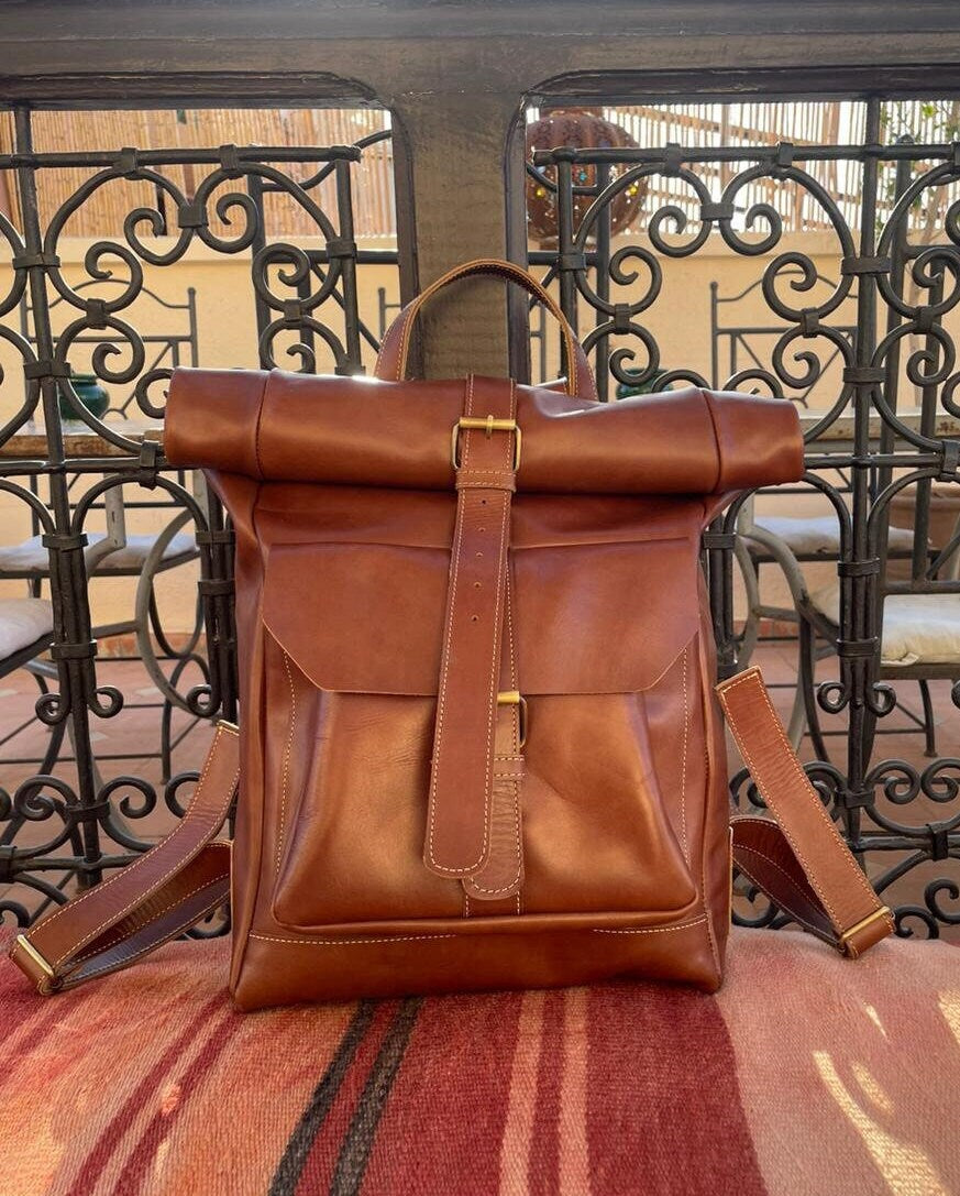 Leather Backpack Roll Top Rucksack Travel Bag Laptop Bag Purse Cowhide