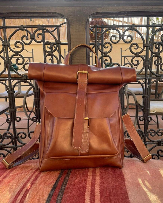 Leather Backpack Roll Top Rucksack Travel Bag Laptop Bag Purse Cowhide