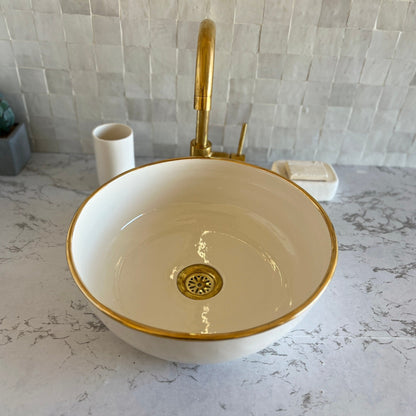 Antique Sink 14K Gold Rim, Set of Vessel Sink, Toothbrush Cup and Soap Dish, 14 Inch Sink Bowl, Ceramic Basin, Free Gift INCLUDED