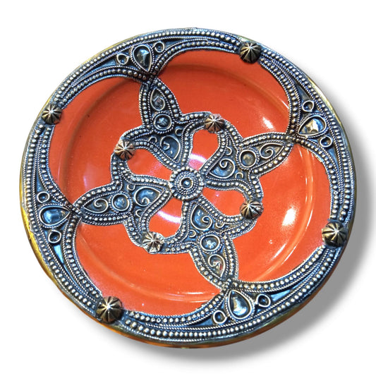Moroccan Wall Hanging Plate 21Cm - Handcrafted Ceramic with Metal Design Housewarming Gift, Moroccan Style Wall Art, Unique Moroccan Plate