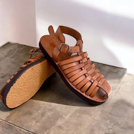 Women'S Handmade Brown Leather Fisherman Gladiator Sandals - Soft Footbed Barefoot Sandals with Adjustable Buckles