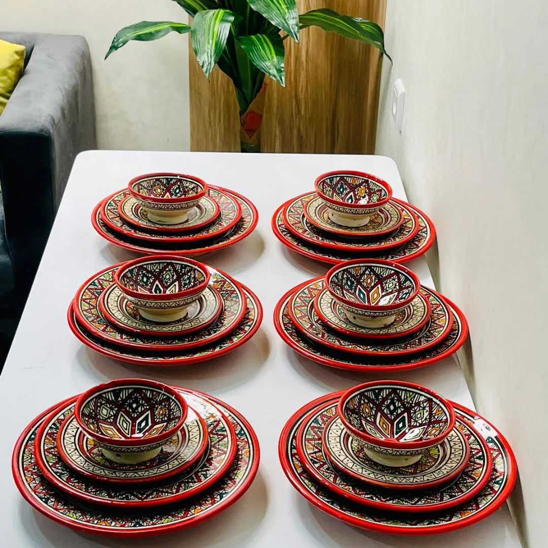Authentic Moroccan Hand Painted Ceramic Dinnerware Set, Red Handmade Serving Set, Tableware Collection, Dinnerware Set