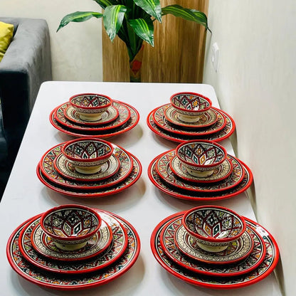 Authentic Moroccan Hand Painted Ceramic Dinnerware Set, Red Handmade Serving Set, Tableware Collection, Dinnerware Set
